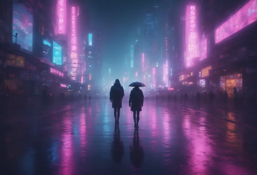 비오는 거리의 네온 사인