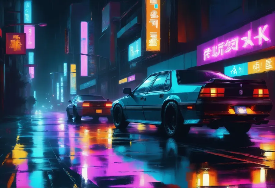 유화로 그려진 사이버펑크 거리