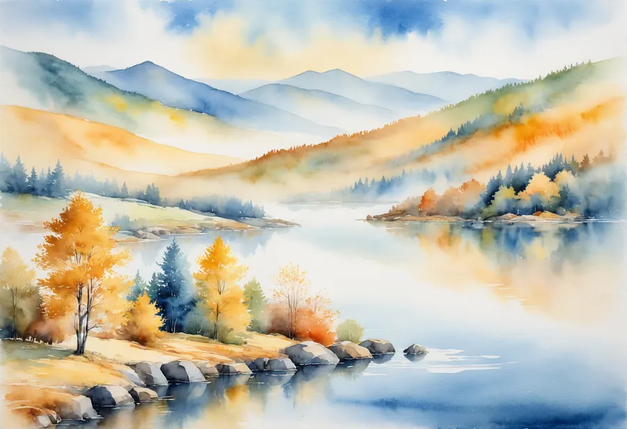 수채화로 그린 가을 산과 바다