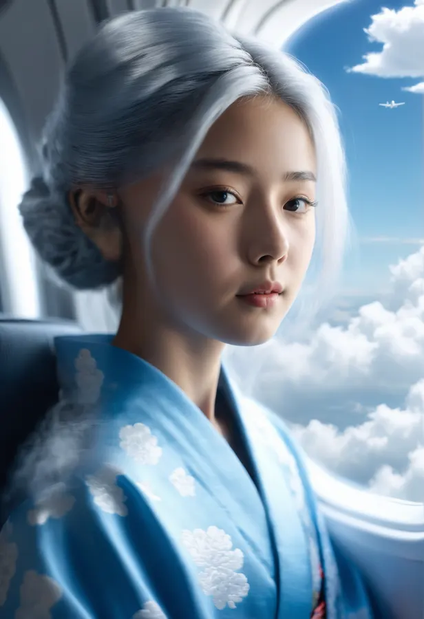 비행기 창문에 비친 소녀