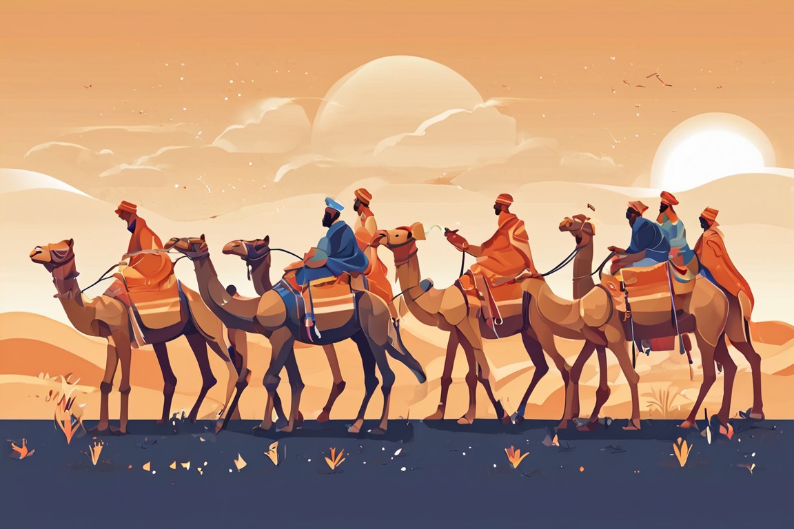 낙타 대상과 비단, 향신료를 표현한 일러스트
