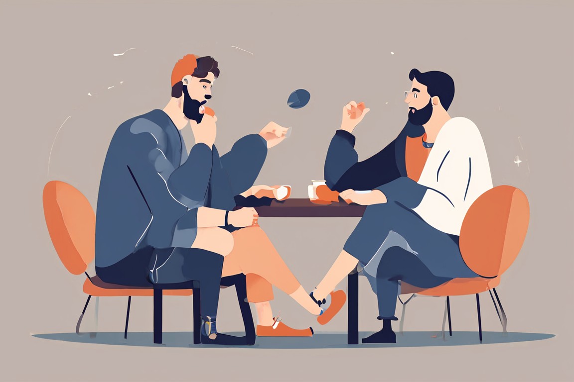 마주 앉아 대화하는 두 사람과 동전을 표현한 일러스트